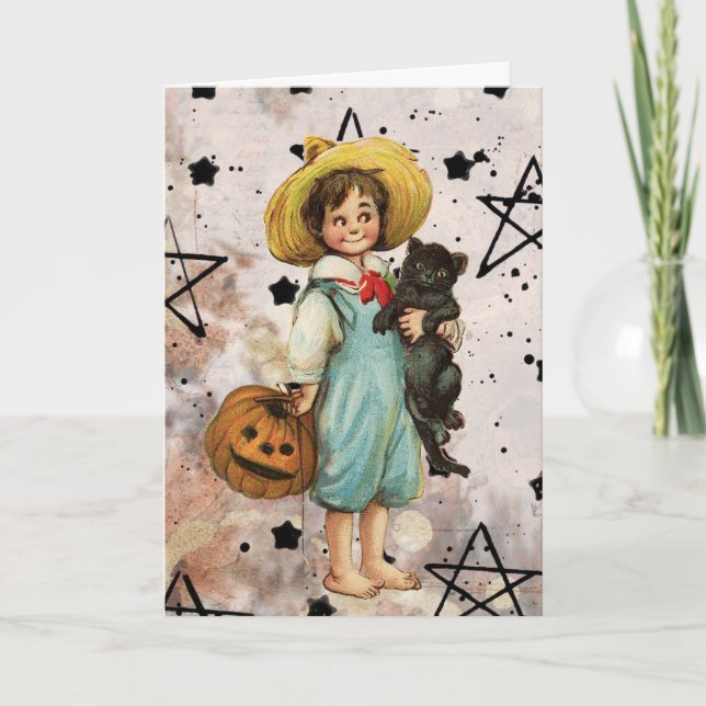 Vintage Halloween Boy and Black Cat Holiday Card (Front)