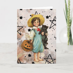 Vintage Halloween Boy and Black Cat Holiday Card
