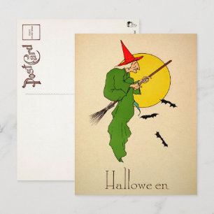 Vintage Halloween Broom Witch Postcard