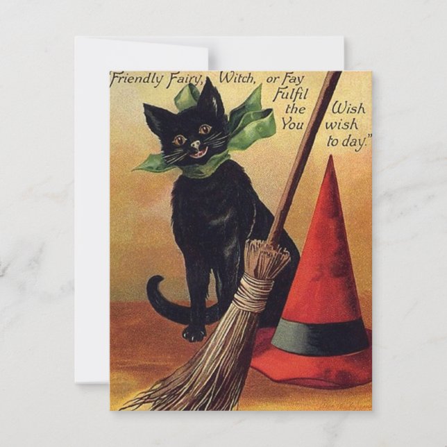 Vintage Halloween by Ellen Clapsaddle, Black Cat Invitation (Front)