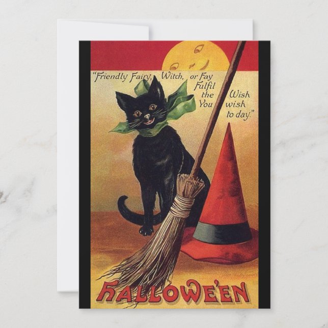 Vintage Halloween by Ellen Clapsaddle, Black Cat Invitation (Front)