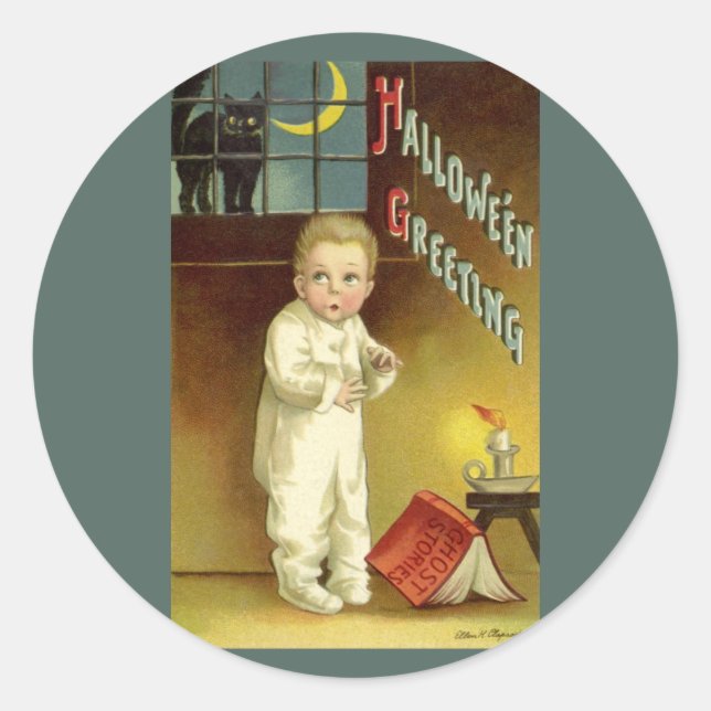 Vintage Halloween by Ellen Clapsaddle, Ghost Story Classic Round Sticker (Front)