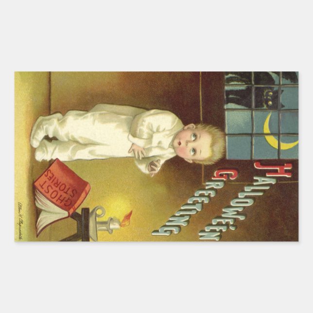 Vintage Halloween by Ellen Clapsaddle, Ghost Story Rectangular Sticker (Front)