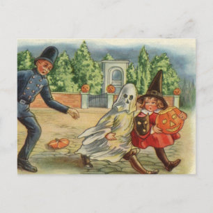 Vintage Halloween Card - Policeman & Chidren