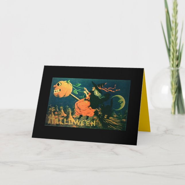 Vintage Halloween card, Witch on broom, pumpkin Card (Front)