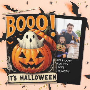 Vintage Halloween Card with Ghost & Pumpkin