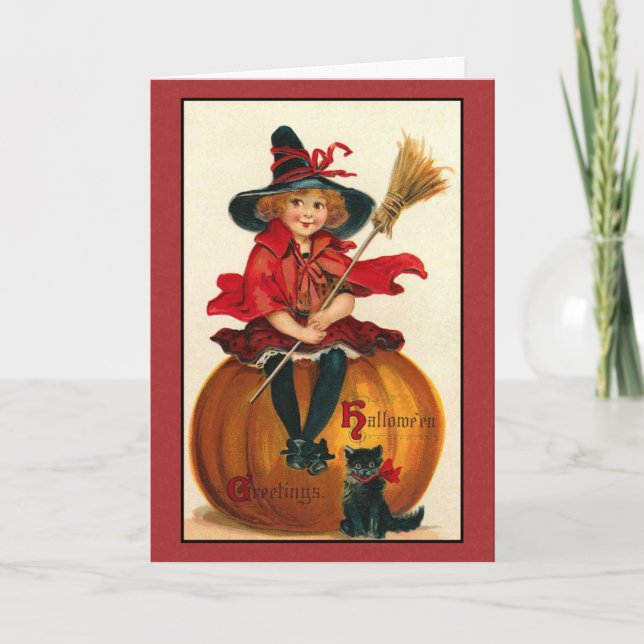 Vintage Halloween Cat and Girl Card (Front)