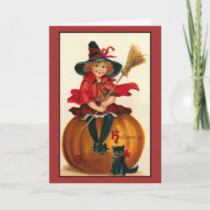 Vintage Halloween Cat and Girl Card