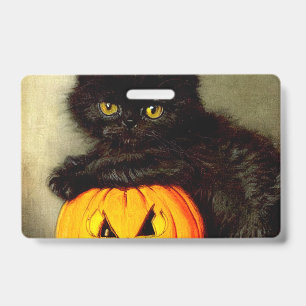 Vintage Halloween Cat and Jack-o’-lantern ID Badge