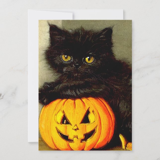 Vintage Halloween Cat and Jack-o’-lantern Invitation (Front)
