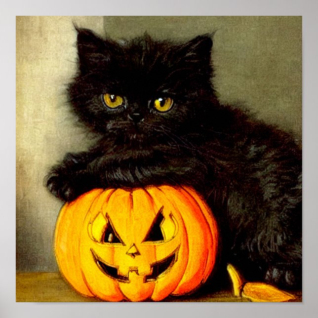 Vintage Halloween Cat and Jack-o’-lantern Poster (Front)