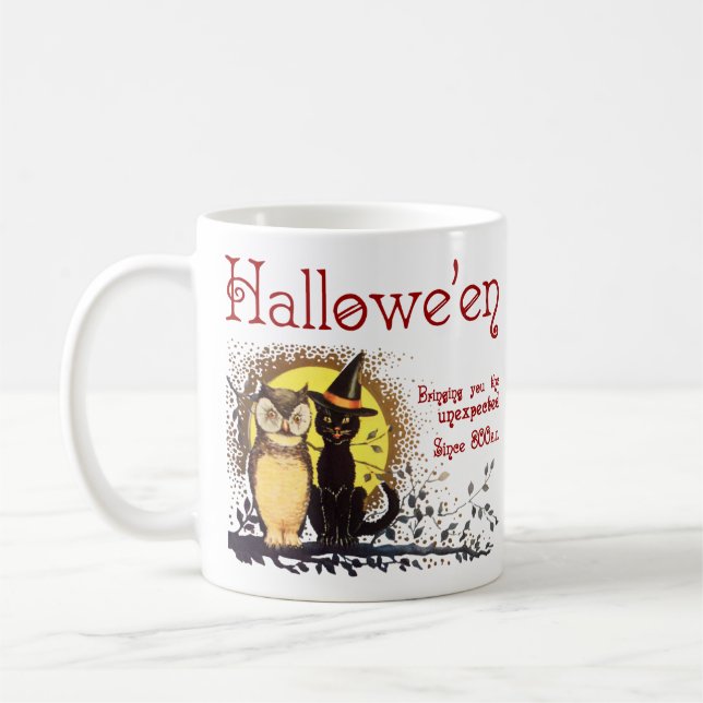 Vintage Halloween Cat and Owl Coffee Mug (Left)