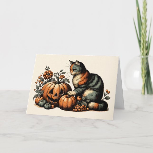 Vintage Halloween Cat and Pumpkin Card (Front)