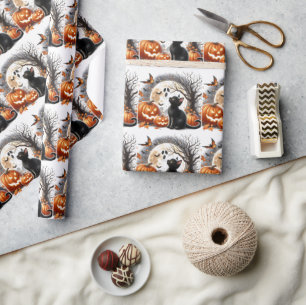 Vintage Halloween Cat and Pumpkin Wrapping Paper