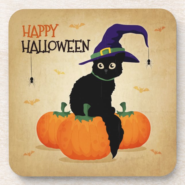 Vintage Halloween Cat and Pumpkins | Coaster (Front)