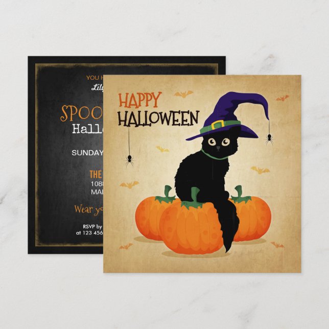 Vintage Halloween Cat and Pumpkins | Invitation (Front/Back)