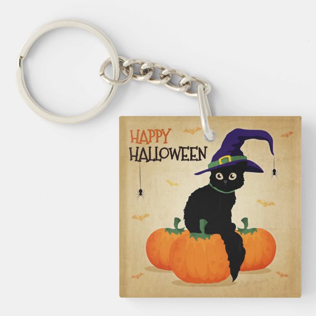 Vintage Halloween Cat and Pumpkins | Keychain (Front)