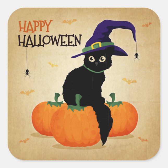 Vintage Halloween Cat and Pumpkins | Sticker (Front)