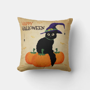 Vintage Halloween Cat and Pumpkins   Throw Pillow