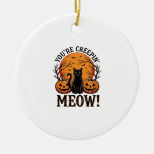 Vintage Halloween Cat Creepin Meow Engraving_1 Ceramic Tree Decoration