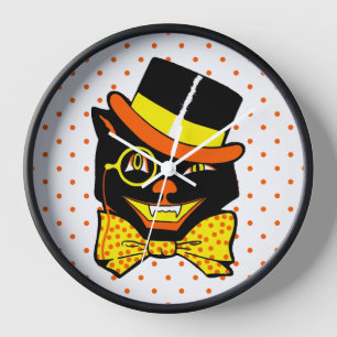 Vintage Halloween Cat in Top Hat  Clock