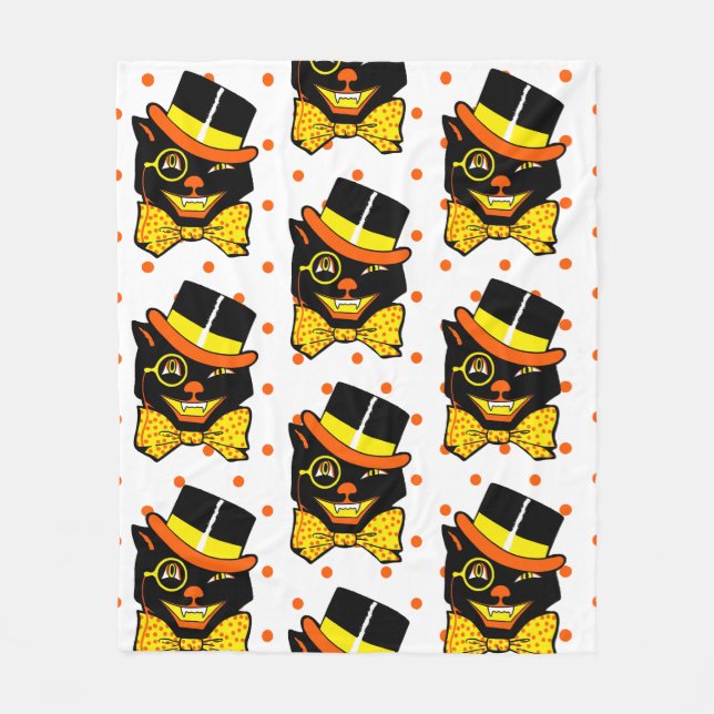 Vintage Halloween Cat in Top Hat  Fleece Blanket (Front)