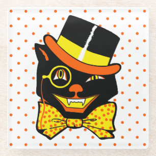 Vintage Halloween Cat in Top Hat  Glass Coaster