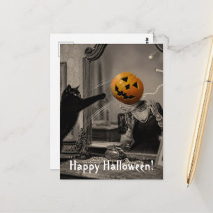 Vintage Halloween Cat Knocks Jackolantern Head off Postcard