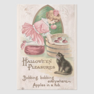 Vintage Halloween Cat & Little Girl Pink Decoupage Tissue Paper