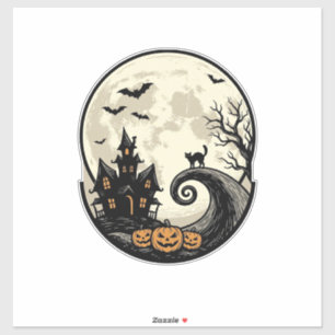 Vintage Halloween Cat Moon Haunted House Vector De