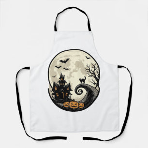 Vintage Halloween Cat Moon Haunted House Vector De Apron