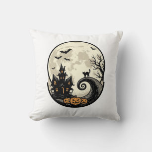Vintage Halloween Cat Moon Haunted House Vector De Cushion