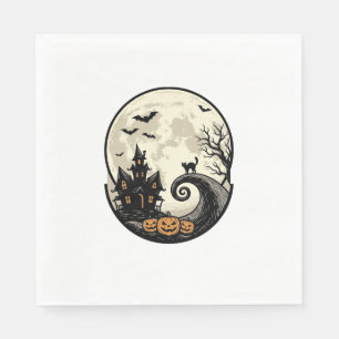 Vintage Halloween Cat Moon Haunted House Vector De Napkin