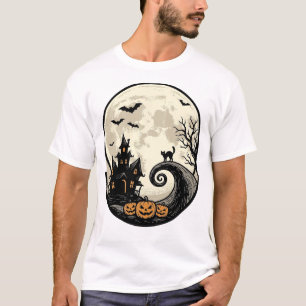 Vintage Halloween Cat Moon Haunted House Vector De T-Shirt