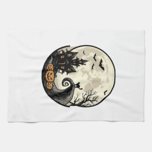 Vintage Halloween Cat Moon Haunted House Vector De Tea Towel