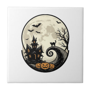 Vintage Halloween Cat Moon Haunted House Vector De Tile