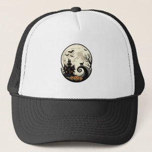 Vintage Halloween Cat Moon Haunted House Vector De Trucker Hat