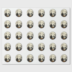 Vintage Halloween Cat Moon Haunted House Vector De Wrapping Paper