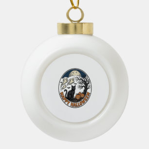 Vintage Halloween Cat Moonlit Ghost Badge_1 Ceramic Ball Christmas Ornament