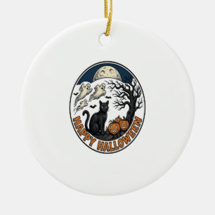 Vintage Halloween Cat Moonlit Ghost Badge_1 Ceramic Tree Decoration
