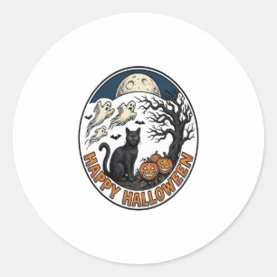 Vintage Halloween Cat Moonlit Ghost Badge_1 Classic Round Sticker