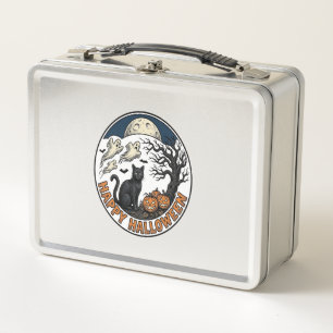 Vintage Halloween Cat Moonlit Ghost Badge_1 Metal Lunch Box