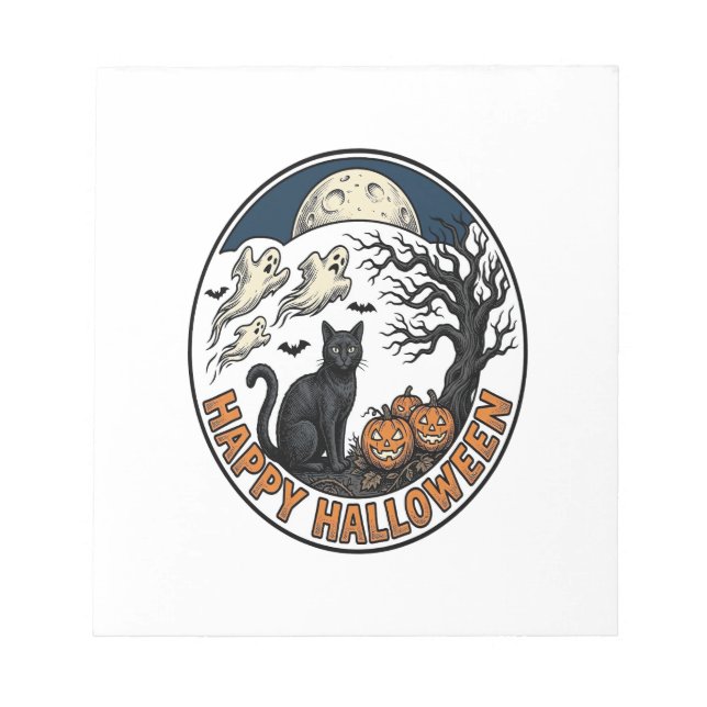 Vintage Halloween Cat Moonlit Ghost Badge_1 Notepad (Front)