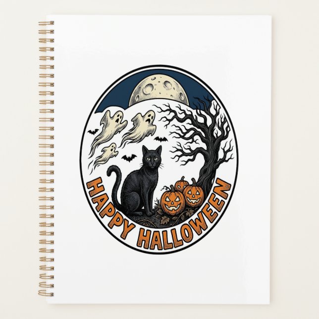 Vintage Halloween Cat Moonlit Ghost Badge_1 Planner (Front)