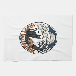 Vintage Halloween Cat Moonlit Ghost Badge_1 Tea Towel