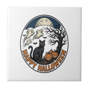 Vintage Halloween Cat Moonlit Ghost Badge_1 Tile