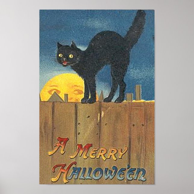 Vintage Halloween Cat on Fence Poster (Front)