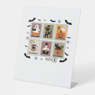 Vintage Halloween Cat Postage Stamp Collection T-s Pedestal Sign