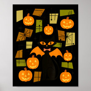 Vintage Halloween Cat Pumpkin Spooky Retro Black Poster