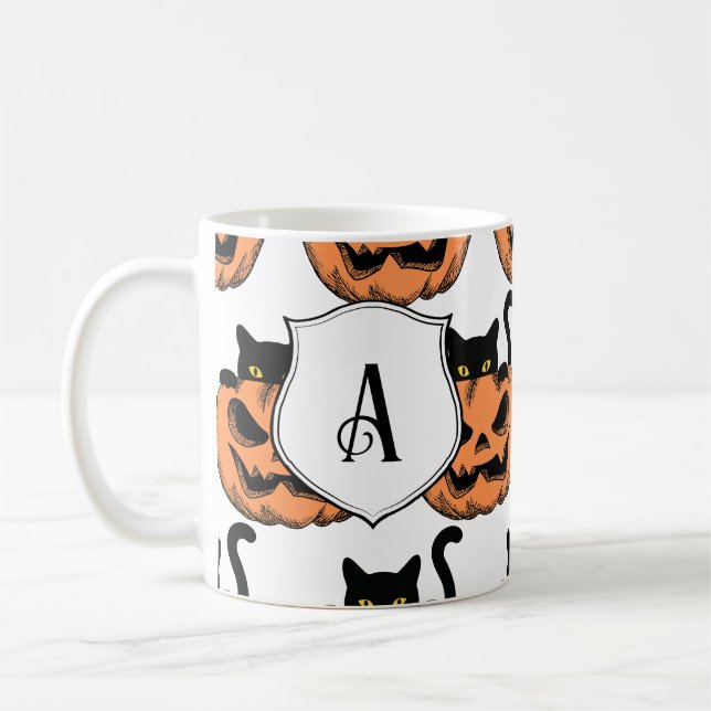 Vintage Halloween Cat Spooky Pattern Personalised Coffee Mug (Left)
